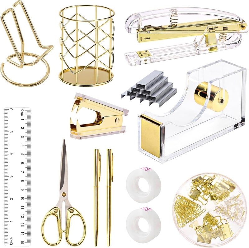 suniya Office Supplies,Desk Accessories,with Stapler,Tape Dispenser,Pen Holder Cup for Desk,Staple Remover,Scissor,Ballpoint Pen,Clear Tape, Staples,Phone Stand,Ruler,Binder,Best Gift Set(Gold) - Image 1
